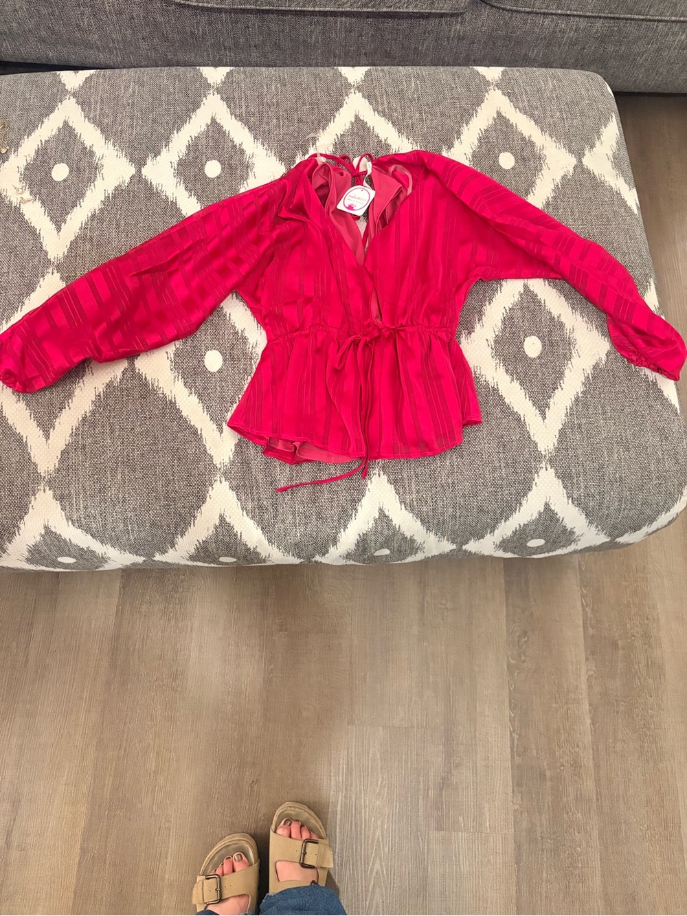 Bright Pink Long-Sleeve Wrap Top with Tie Waist—Size small